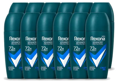 Imagen del producto de 12 unidades de desodorante roll-on Rexona Men Advanced Protection Dry Cobalt, 50 ml cada uno. Paquete económico
