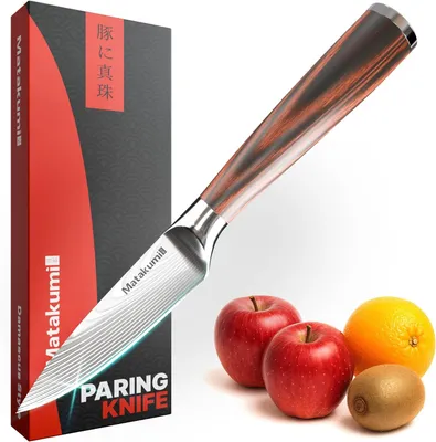 Productafbeelding van Mes met Damastpatroon, 9 cm lemmet, hoogwaardig koolstofstaal, ergonomisch handvat, geschikt voor de keuken