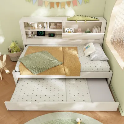 Immagine prodotto di Divano letto 90x200 cm con letto estraibile 90x190 cm, struttura del letto bianca con vano contenitore nella parte posteriore, stazione di ricarica USB e USB-C, rete a doghe