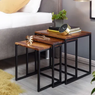 Produktbild von WOHNLING Satztisch 3er Set Sheesham Massivholz / Metall Beistelltisch Eckig Modern Couchtisch 3-teilig Wohnzimmertisch Platzsparend Holztisch