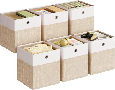 Imagen del producto de Cajas de almacenamiento - Juego de 6 - Plegables - Para estanterías modulares - 26 x 26 x 11 cm - Blancas y beige