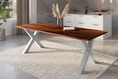 Produktbild von Refurbished Möbelretoure Baumkantentisch Akazie nussbaum mit schwarzen Resin-Adern 300 x 100 cm X-Gestell schwarz POLLY