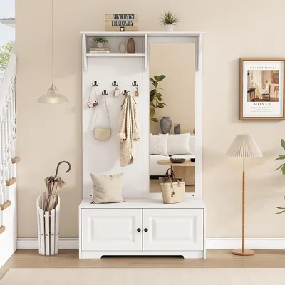 Produktbild von Garderobenset mit Spiegel und Schuhschrank Flurgarderobe Flurmöbel Wandgarderoben-Set 100*40*180cm Weiß