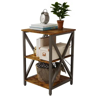 Produktbild von Eleganter quadratischer Couchtisch im Retro-Stil – Rustikaler Wohnzimmertisch mit praktischem Holzregal