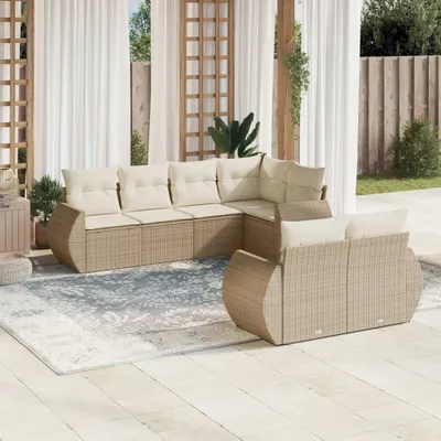 Produktbild von Design 7-tlg. Garten-Sofagarnitur mit Kissen Beige Poly Rattan, Gartenmöbel-Sets 2024 Neu