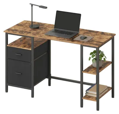 Zdjęcie produktu dla Biurko z 3 półkami i 2 szufladami | Kolor: brązowo-czarny | Wymiary: 127x50x76 cm