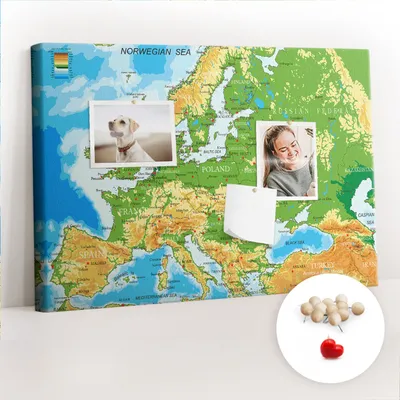 Obrázek produktu pro Korková nástěnka s kolíčky - Tabule s kolíky pro fotografie a poznámky - 60x40 cm - Připínáčky dřevěné 100 kusů - Zeměpis Mapa světa