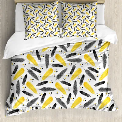 Produktbild von ABAKUHAUS Feder Bettbezug, Bohemian exotische Plumage, Milbensicher Allergiker geeignet mit Kissenbezügen, 155 cm x 220 cm - 80 x 80 cm, grau Gelb