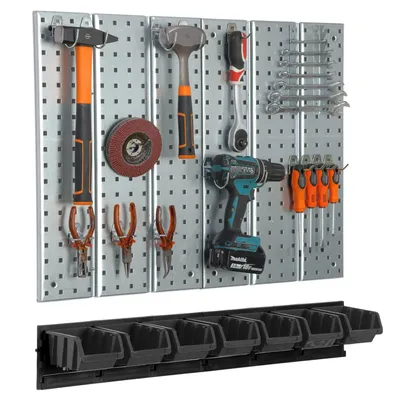 Produktbild von Werkzeugwand 78x72cm Metall Lagersystem mit Werkzeughaltern Stapelboxen Schwarz