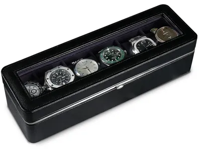 Image de Boîte à montres en cuir avec 6 compartiments, boîte de rangement pour montres de voyage, noire
