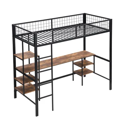 Produktbild von Flieks Etagenbett 90x200cm mit Schreibtisch & Regal, Hochbett Metallbett mit Rausfallschutz, Kinderbett Jugendbett mit Lattenrost, Einzelbett Schwarz