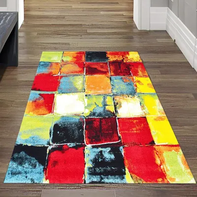 Produktbild von Moderner Designer Kurzflor Teppich - bunte Vierecke blau gelb Größe - 80 x 150 cm