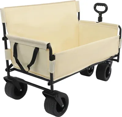 Produktbild von Faltbarer Transportwagen - Garten & Camping Bollerwagen - 300 kg Tragkraft - 600D Oxfordgewebe - 4 Räder (2 mit Bremse) - Verstellbarer Griff 90° - Beige