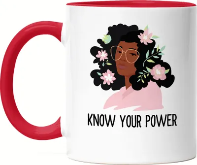 Produktbild von Tasse Rot Know Your Power Spruch Motiv Geschenk für Superheldinnen Frauenpower Frauentag Feminismus