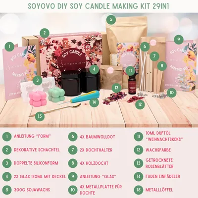 Produktbild von Soyovo DIY - Set für Kerzenherstellung - Kerzen Selber Machen Set - mit Soja-Wachs, Baumwoll- und Holzdochten, braunen Glasgefäßen mit Deckel