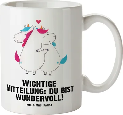 Produktbild von Mr. & Mrs. Panda tasse mit henkel Einhorn Mitteilung - Weiß - Geschenk, Valentinstag, Deko, Haferl, Pott, Große Teetasse, Liebe, Spruch, jumbotasse, Kaffeepott, Einhörner