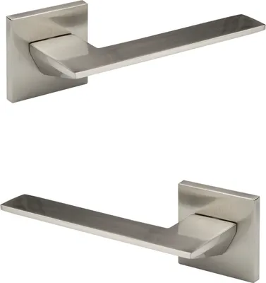Produktbild von HEXIM Designer Türgarnitur, Zimmer Türgriffe WC / Bad Aluminium matt in 4 Farben - (Türklinke Q01, nickel) Drückergarnitur Zimmertüren