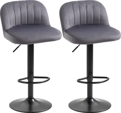 Produktbild von HOMCOM Barhocker in Samtoptik mit Rückenlehne und Fußstütze, Drehbarer Küchenhocker mit verstellbarer Höhe, 43 x 45 x 81–101 cm, Grau, 2er-Set