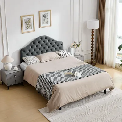 Produktbild von Polsterbett 140x200 cm Samt Grau Bettgestell mit Lattenrost & Höhenverstellbarem Kopfteil, Stabiler Bettrahmen Geräuschlos für Schlafzimmer & Jugendzimmer