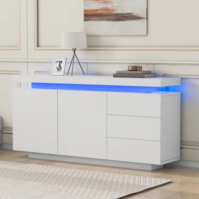 Obrázek produktu pro okwish příborník moderní obývací pokoj příborník stojící komoda vysoký příborník nábytek 2 dvířka 3 zásuvky příborník vysoký lesk s LED světlem bezúchytková 140x35x72,5cm - bílá