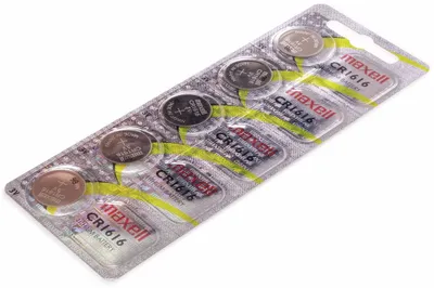 A blister pack of Maxell CR1616 lithium coin cell batteries against a white background.
