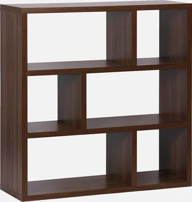 A brown, multi-compartment bookshelf against a white background.
