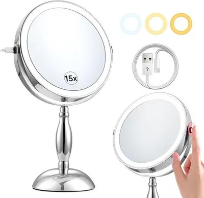 Obrázok produktu pre Elektrické 8-palcové kozmetické zrkadlo, 3 farby, otočné o 360 stupňov, 15-násobné zväčšenie, nastaviteľná jasnosť