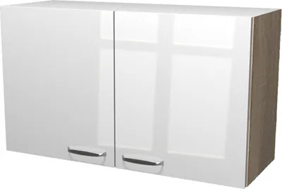 A white high-gloss wall cabinet with two doors and chrome handles, with a wood-effect side panel.