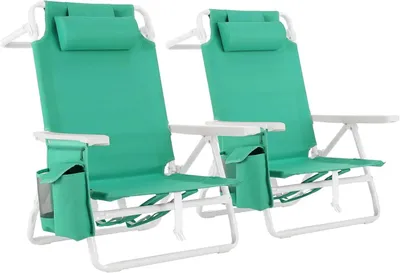 Produktbild von Klappbarer Strandstuhl Campingstuhl - 2er Set leichte Aluminium Liegestühle - Flach verstellbar - Hohe Rückenlehne - Bis 150 kg - Mit Kühltasche - Grün