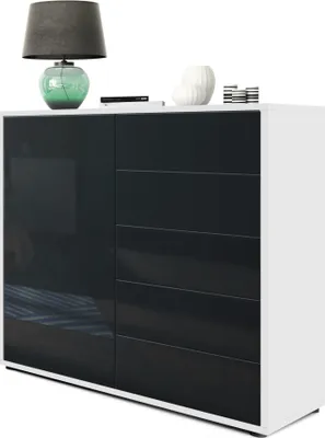 Produktbild von Vladon Sideboard Ben V2,  Germany, Kommode mit 1 Tür und 5 Schubladen, Weiß matt/Schwarz Hochglanz (79 x 74 x 36 cm)