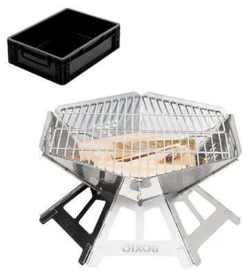Produktbild von Edelstahl Feuerschale mit Grillrost - Oktagon Feuerstelle für Outdoor & Camping, Kleine Feuerschale mit Funkenschutz, Mini Feuertonne & Feuerkorb für Garten & Lagerfeuer