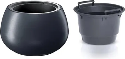 A dark gray planter and a dark gray bucket are shown side-by-side against a white background.