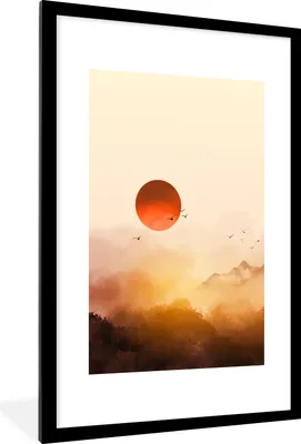 Produktbild von MuchoWow® Gerahmtes Poster Malerei - Sonne - Landschaft - Vögel 60x90 cm - Poster mit Schwarzem Bilderrahmen Wandposter Rahmen Foto Bilder - Dekoration - Wandposter Wohnzimmer - Hochwertig