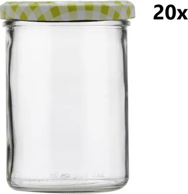 Produktbild von Einmachgläser 440 ml STURZ / GERADE klar/transparent 20 Stück INKLUSIVE KARIERT HELLGRÜNEN DECKELN, Stückzahl in einer Packung: 20