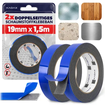 Imagen del producto de Cinta adhesiva de doble cara KADAX, 19 mm x 1,5 m, 2 rollos, extra fuerte. Cinta adhesiva de montaje de espuma de polietileno, cinta de doble cara para espejos, molduras y decoración, Imagen generada por IA