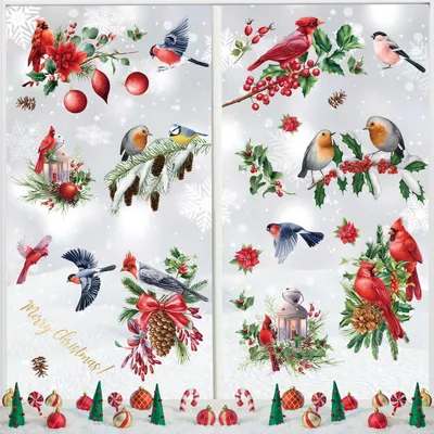 Obrázok produktu pre Vianočné nálepky na okná, 9 kusov, motívy červených kardinálov, PVC, obojstranné, rozmer 20x30 cm