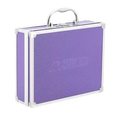 A purple aluminum case with a silver handle and trim, shown from a slightly elevated front-left angle against a white background.