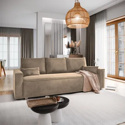 Produktbild von Sofa ALATRI Beige Velours-Stoff mit Schlaffunktion, Sofa mit Bettkasten, Sofa mit Bettkasten, Wohnzimmersofa, Couch, Soffa, Bettsofa, Couchgarnitur- Beige, MONOLITH 09