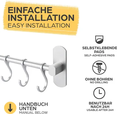 Produktbild von Badzubehör aus Aluminium, schwarz, selbstklebend, 8 Haken, Handtuchhalter & Kleiderhaken