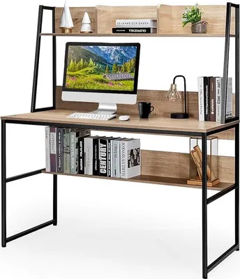 Immagine prodotto di Scrivania per computer, scrivania con libreria e 3 ripiani, ampio piano d'appoggio e piedini regolabili, salvaspazio, 120 x 57 x 140 cm (colore naturale)