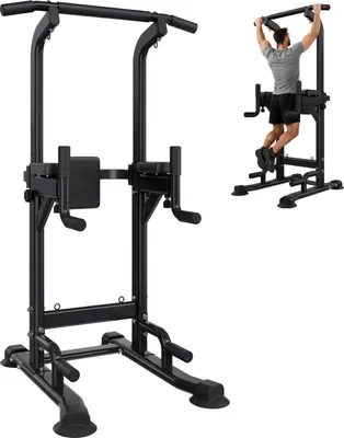 Obrázek produktu pro Stanice na kliky Power Tower Dip Station – volně stojící – nosnost 150 kg – H-rám pro stabilitu – 12stupňové nastavení výšky – polstrování zad – s hrazdou na kliky a dipy