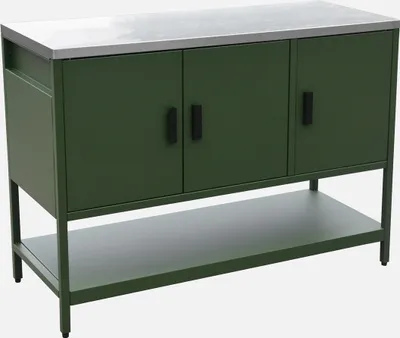 A green outdoor kitchen cabinet with a metal top and a shelf below, shown against a white background.