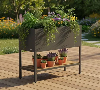Zdjęcie produktu dla Herstera Deco Grow Table, Sadzarka w skrzyni, Wolnostojący, Metal, Antracyt, Prostokąt, Wewnątrz/Na wolnym powietrzu