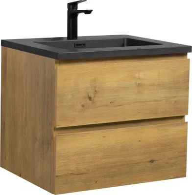 Image de Ensemble de meubles de salle de bain Badplaats avec lavabo et meuble sous lavabo Angela 60 x 48 cm en chêne - Meuble sous lavabo avec fermeture douce et lavabo noir, pré-monté