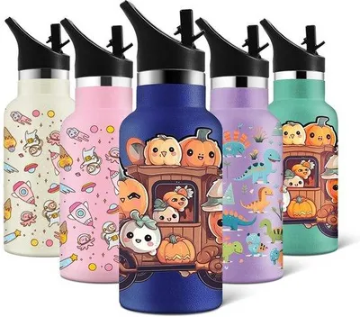 Produktbild von Unyqoos® Doppelwandige Edelstahl-Thermosflasche 350 ml mit Flip-Strohhalm für Kinder – vakuumisoliert (24 h kalt / 12 h warm), BPA-frei, rutschfeste Pulverbeschichtung