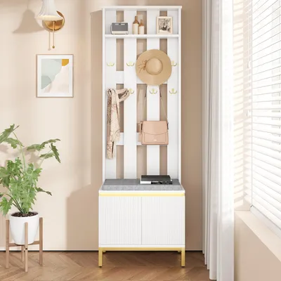 Produktbild von Merax Garderobenbank mit Schuhschrank, Garderobe mit 8 Haken, LED-Lichtleiste, Rückwandpaneel, Schuhschrank mit verstellbarem Einlegeboden, Weiß