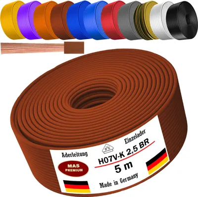 Zdjęcie produktu dla Przewód zasilający, 5 metrów, typ H07 V-K, kolor brązowy, jednożyłowy, elastyczny, przekrój 1x2,5 mm²
