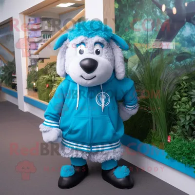 Produktbild von Cyanfarbener REDBROKOLY Suffolk-Schaf Maskottchen Kostüm charakter bekleidet mit einem Sweatshirt und Fußkettchen