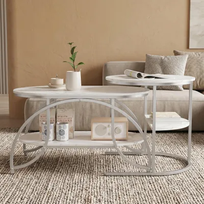 Produktbild von INONEFT Couchtische, 2er-Set, moderne Wohnzimmertische mit Stauraum und Metallgestell, ovaler Beistelltisch für Wohnzimmer, Schlafzimmer, Weiß+Silber