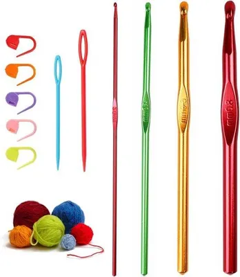 Produktbild von Aluminium-Nadelset für Anfänger | 4 Stück farbige Aluminium-Nadeln | Mit Steckmarkierung und großen Augen | Ideal für Stricken und Nähen | Vollständige Nadelset